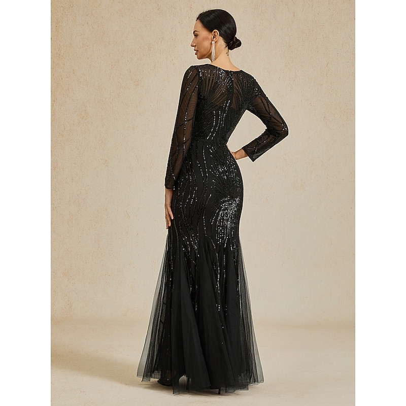 Women's Maxi Dress Sheath Dress Elegant Evening Party Regular Fit Solid Color Long Sleeve Crew Neck Black Fall Winter2