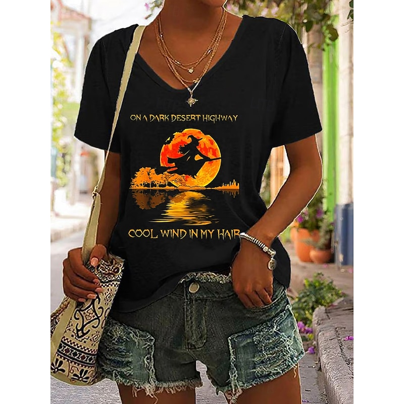 Halloween Women's T shirt Witch Graphic Letter Vintage Stylish Classic Short Sleeve V Neck Regular Tops Daily Print Black Blue Purple Gray Summer Spring2
