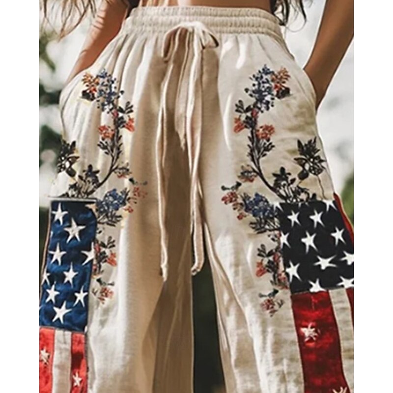 Women's Wide Leg Pants Trousers Palazzo Pants Fashion Boho Full Length High Waist National Flag Elastic Waist Drawstring Print Breathability Comfortable Street Daily Wear Going out White Spring Fall2