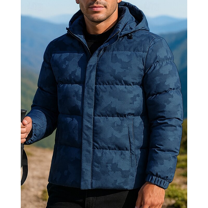Men's Puffer Jacket Outdoor Thermal Warm Hiking Outfits Hiking Clothes Winter Autumn / Fall Top Camping / Hiking / Caving Running Printing Black Blue Grey4