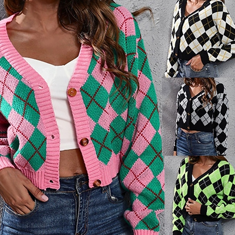 Women's Cardigan Casual Plaid Chunky V Neck Knitted Long Sleeve Crop Tops Knit Daily Holiday Going out Pink Apricot Fall Winter