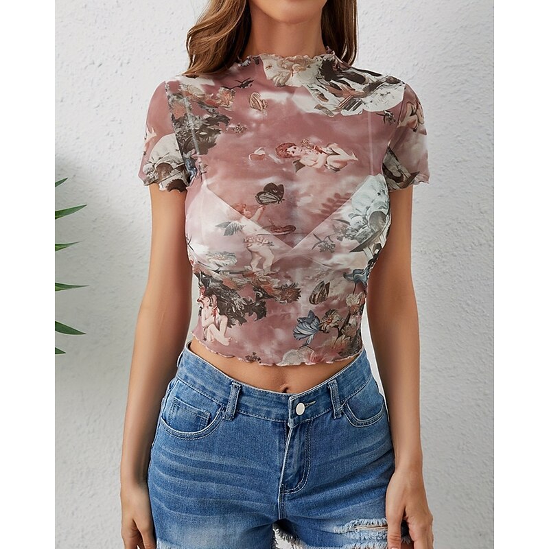 Women's T Shirt Graphic Fashion Modern Short Sleeve High Neck Regular Tops Daily Mesh Pink Brown Green Summer2