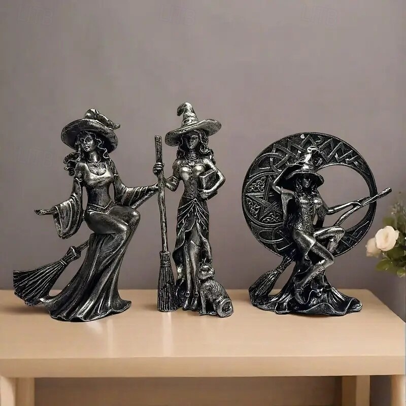 Fantasy Witch Statue Resin Moon Witch with Broomstick & Cauldron Collectible Figurine Mystical Halloween Ornaments for Living Room Tabletop Home Decoration3