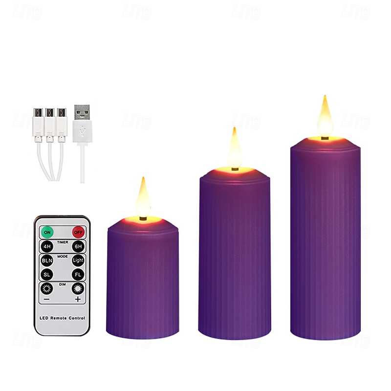 3/4/6/9 Pcs Halloween Christmas cylindrical charging electronic candle light remote control timing indoor and outdoor courtyard wedding party atmosphere decoration light purple pink4