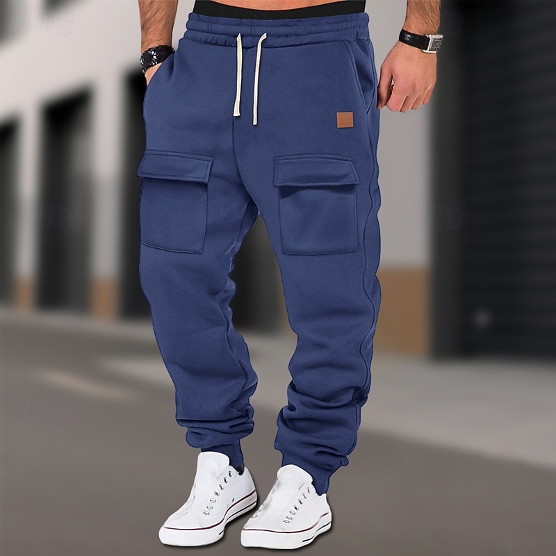 Men's Sweatpants Joggers Trousers Cargo Sweatpants Casual Pants Elastic Waist Drawstring Multi Pocket Solid Colored Comfort Full Length Outdoor Daily Running Vacation Simple Black Blue Stretchy