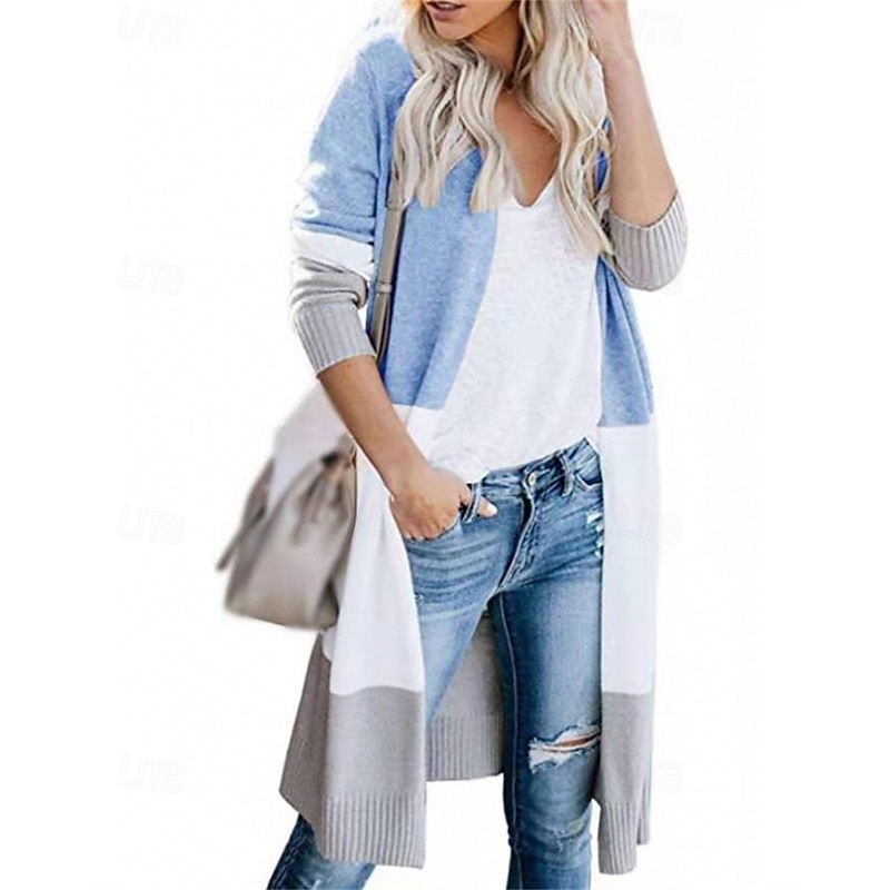 Women's Sweater Cardigan Fashion Streetwear Daily Color Block Ribbed Open Front Knitted Long Sleeve Long Tops Knit Holiday Going out Weekend Blue Orange Fall Winter4