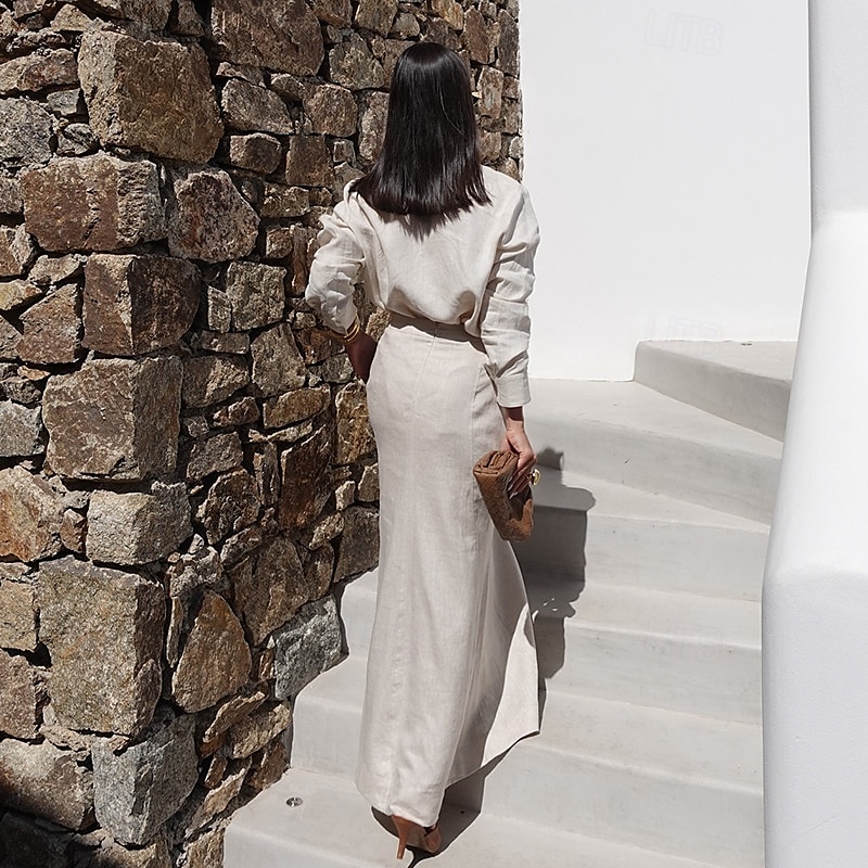 Women's Elegant Vacation Vintage Skirt Sets Long Sleeve Shirt Collar Solid Color Vacation Casual Daily Light Grey Spring Regular Fit4