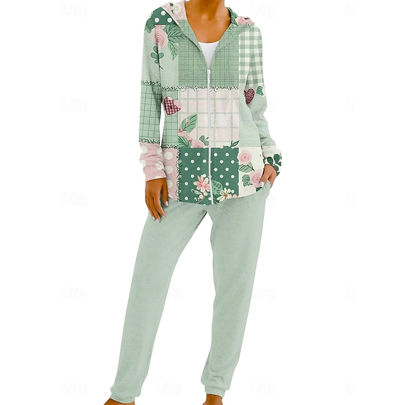 Women's 2 Pieces Hoodie Tracksuits Long Sleeve Daily Round Neck Hooded Floral Graphic Geometric Zipper Drawstring Print Casual Yellow Green Fall Regular Fit2
