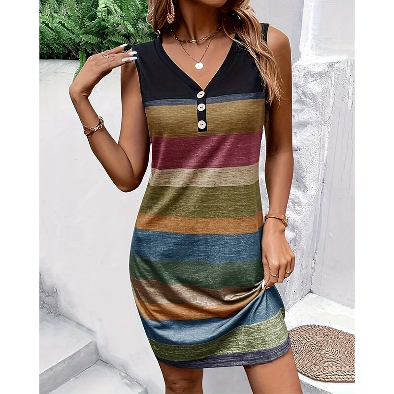 Women's Mini Dress Casual Dress Summer Dress Fashion Modern Daily Beach Weekend Regular Fit Color Block Sleeveless V Neck Rainbow Spring Fall