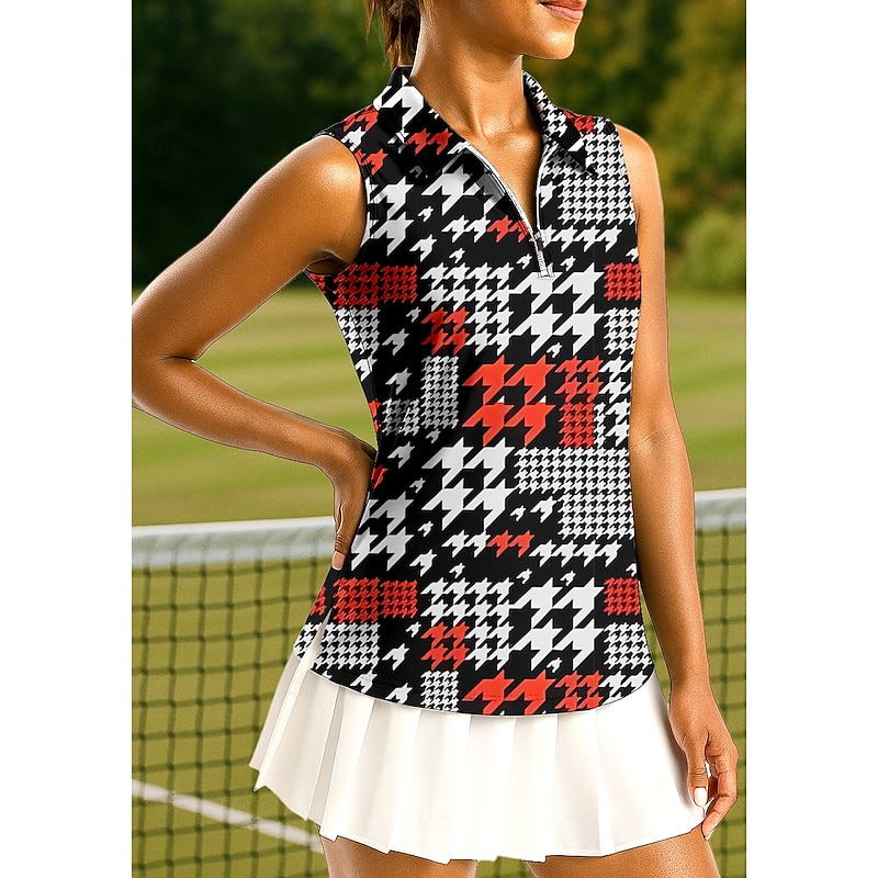 Women's Geometric Houndstooth Tops Sport Shirt Golf Polo Shirt Tennis Shirt Sleeveless Zipper High Elasticity Moisture Wicking Breathable Tennis Pickleball Running Turndown Zip Collar Shirt Tank Top