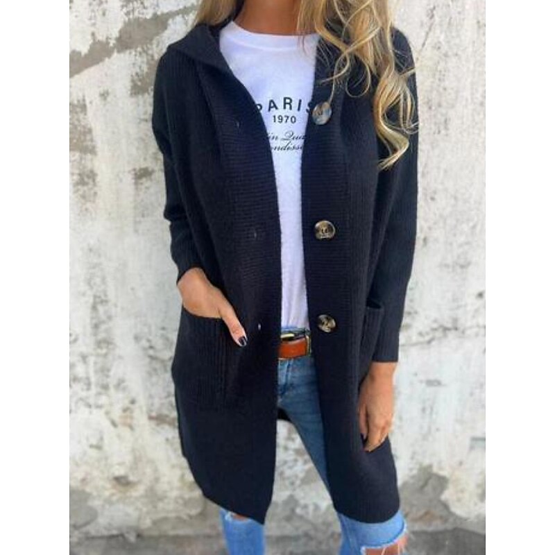 Women's Winter Coat Warm Comfortable Pocket Knit Fashion Daily Plain Outdoor Casual Daily Single Breasted Long Hooded Regular Fit Long Sleeve Outerwear Black Yellow Gray Spring Fall3