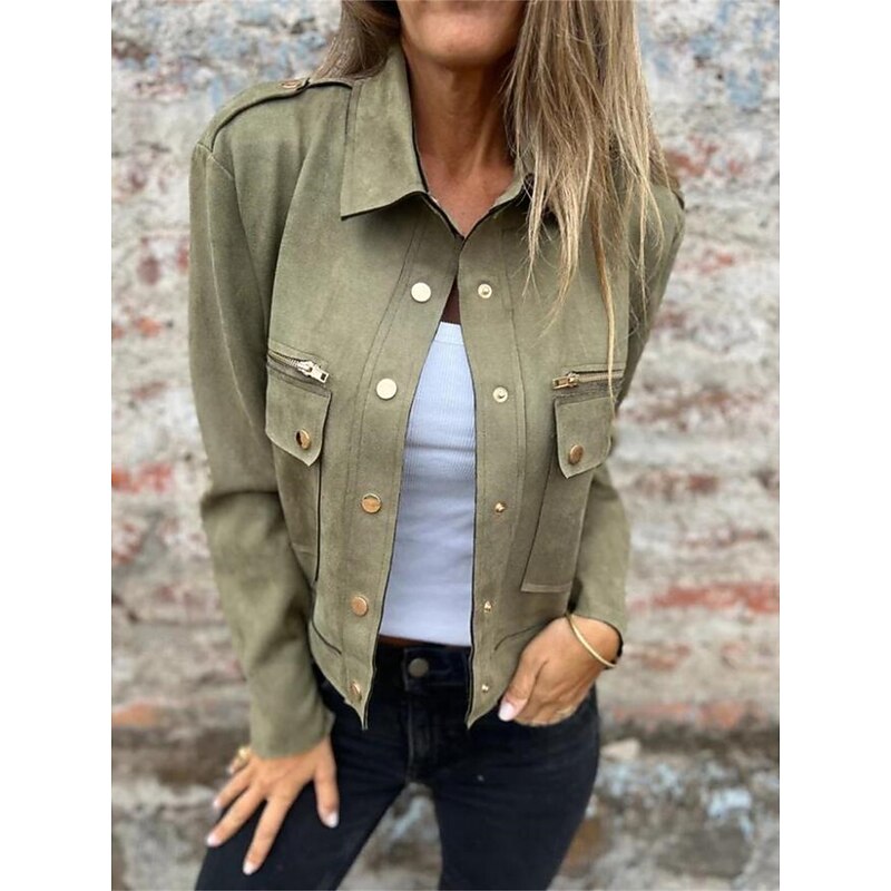 Women's Casual Jacket Comfortable Breathable Pocket Fashion Daily Plain Outdoor Casual Daily Single Breasted Regular Lapel Regular Fit Long Sleeve Outerwear Black White Light Green Spring Fall2