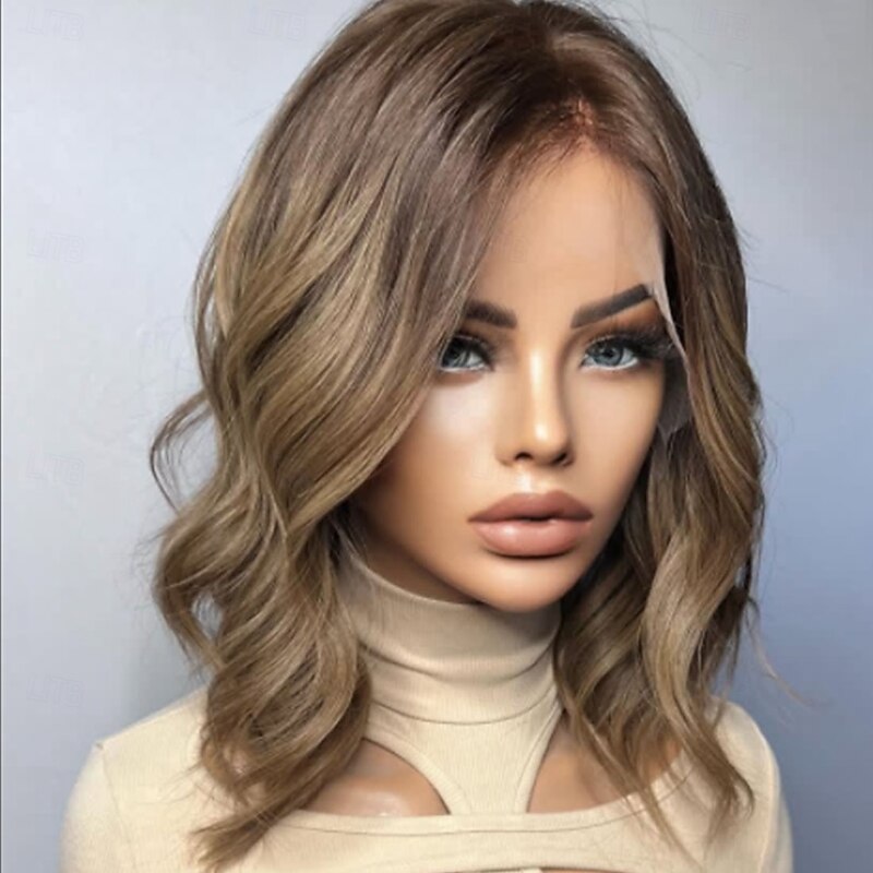 Unprocessed Virgin Hair 5x5 Closure 13x4 Lace Front Wig Short Bob Brazilian Hair Wavy Multi-color Wig 130% 150% Density with Baby Hair Highlighted / Balayage Hair 100% Virgin Glueless Pre-Plucked For4