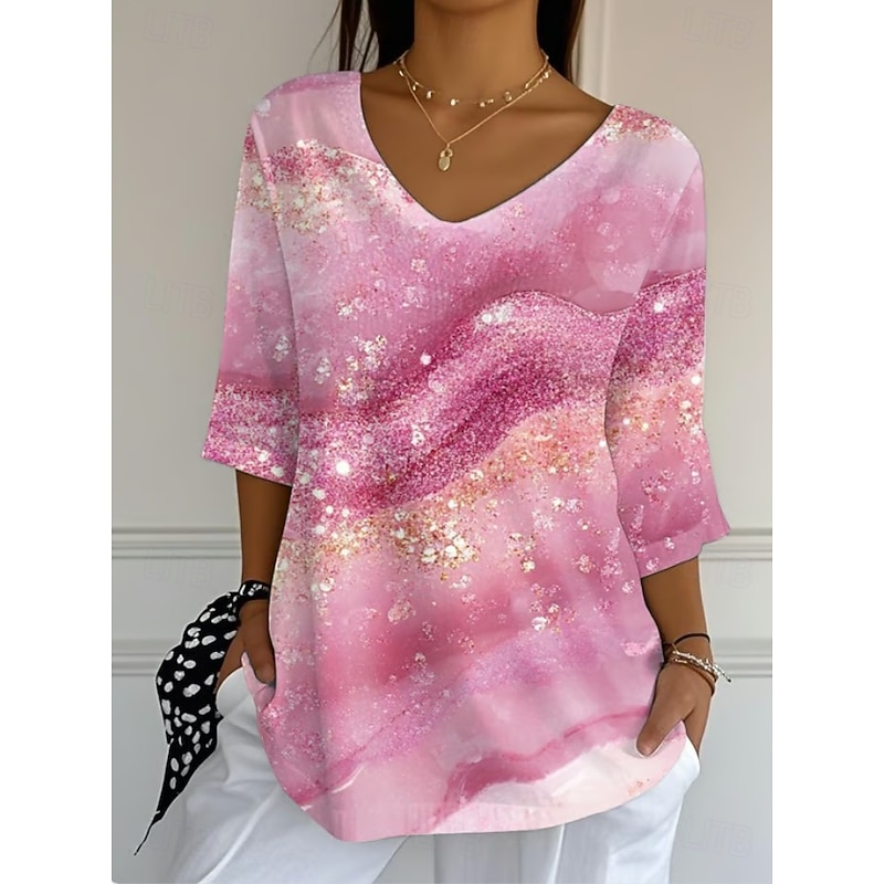 Women's Blouse Graphic Abstract Vintage Stylish Classic 3/4 Length Sleeve V Neck Regular Tops Daily White and Pink Pink Light Purple Summer Spring Fall2