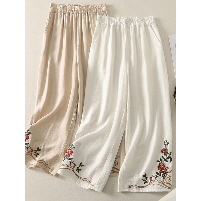 Women's Cotton Linen Pants Chinos Ethnic Style Basic Casual Full Length High Waist Floral Embroidered Pocket Elastic Waist Comfort Outdoor Micro-elastic Vacation Street Daily Khaki Beige Summer3