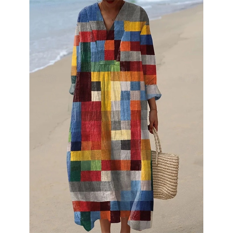 Women's Midi Dress V Neck Long Sleeve Kaftan Lightweight Loose Fit A Line Dress Casual Boho Party Going out Loose Fit Graphic Geometric Stripe Long Sleeve V Neck Black Yellow Blue Orange2