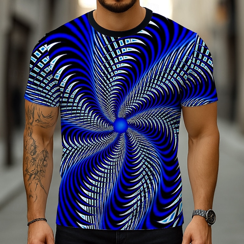 Men's Geometric Optical Illusion 3D T Shirt Short Sleeve T shirt 3D Print Crew Neck Shirt Exaggerated Designer Party Street Casual Yellow Navy Blue Blue Summer Spring All Seasons Clothing Apparel S M2