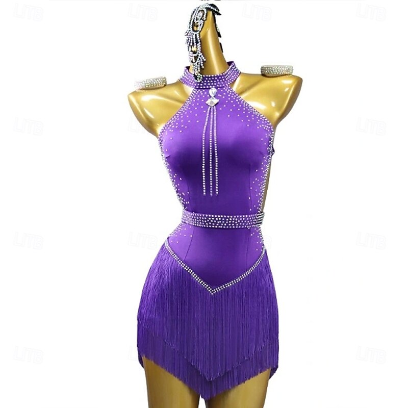 Women's Sparkle Latin Dance Dress – Sequin Fringe Costume for Cha‑Cha, Rumba & Ballroom Performance/Competition