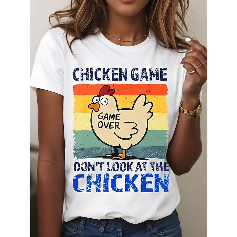 Women's T Shirt Graphic Rooster Letter Vintage Stylish Classic Short Sleeve Crew Neck Regular Tops Daily Weekend Print Black White Blue Purple Summer Spring