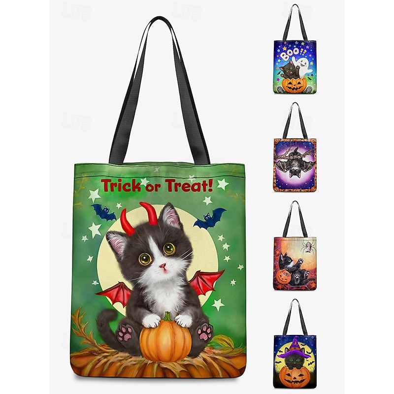 Women's Halloween Tote Bag with Cute Cat Print by Kayomi Harai, Large Capacity Canvas Shoulder Bag for Trick or Treat and Party Use3