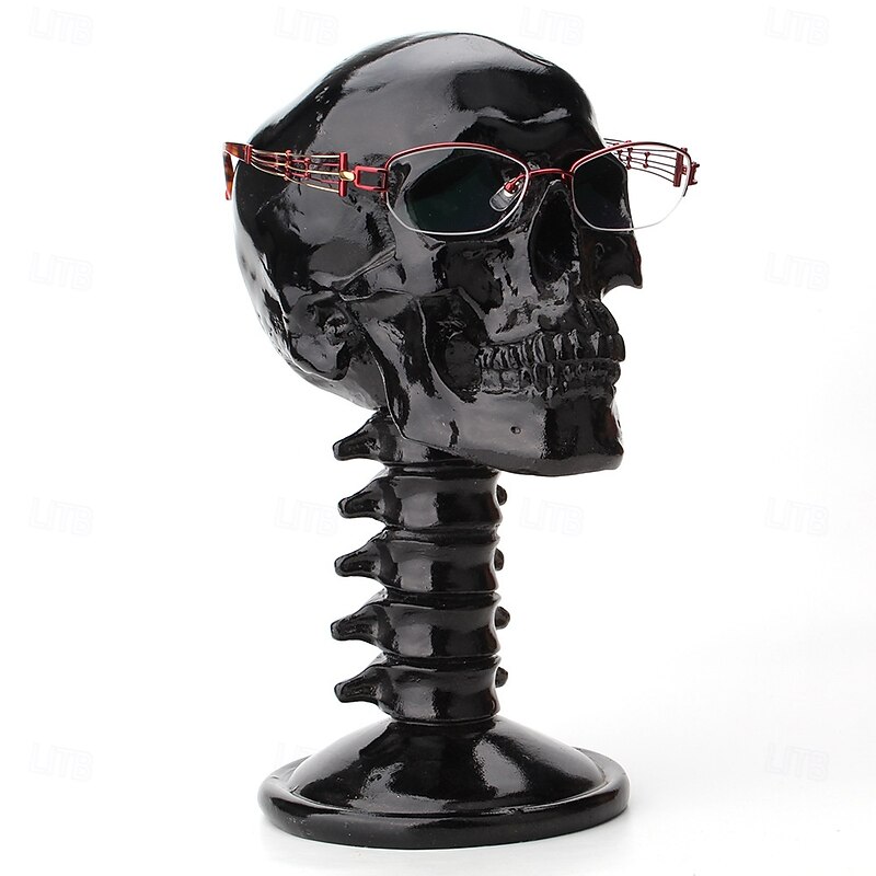Halloween Resin Figurine Resin Spine Skull Ornament Helmet Glasses Holder Black Skull with Spine Desktop Decoration Gothic Horror Home Accent Unique Halloween Display2