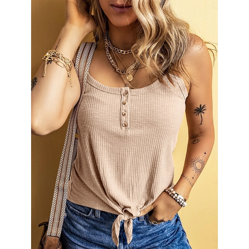 Women's Camisole Tank Top Solid Color Daily Stylish Casual Sleeveless Scoop Neck Regular Tops Daily Buttons Black Yellow Army Green Apricot Summer Spring4