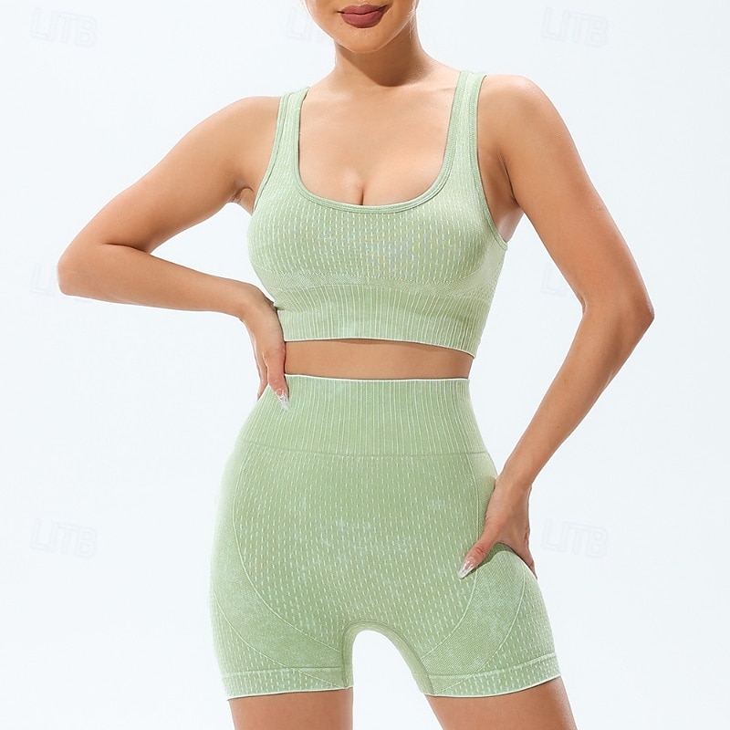 Women's 2 Pieces Sports Bras Workout Sets Yoga Outfits Acid Wash Solid Color Clothing Suit Black Blue Gym Workout High Waist Stretchy Breathable Sleeveless Sport Activewear Slim2