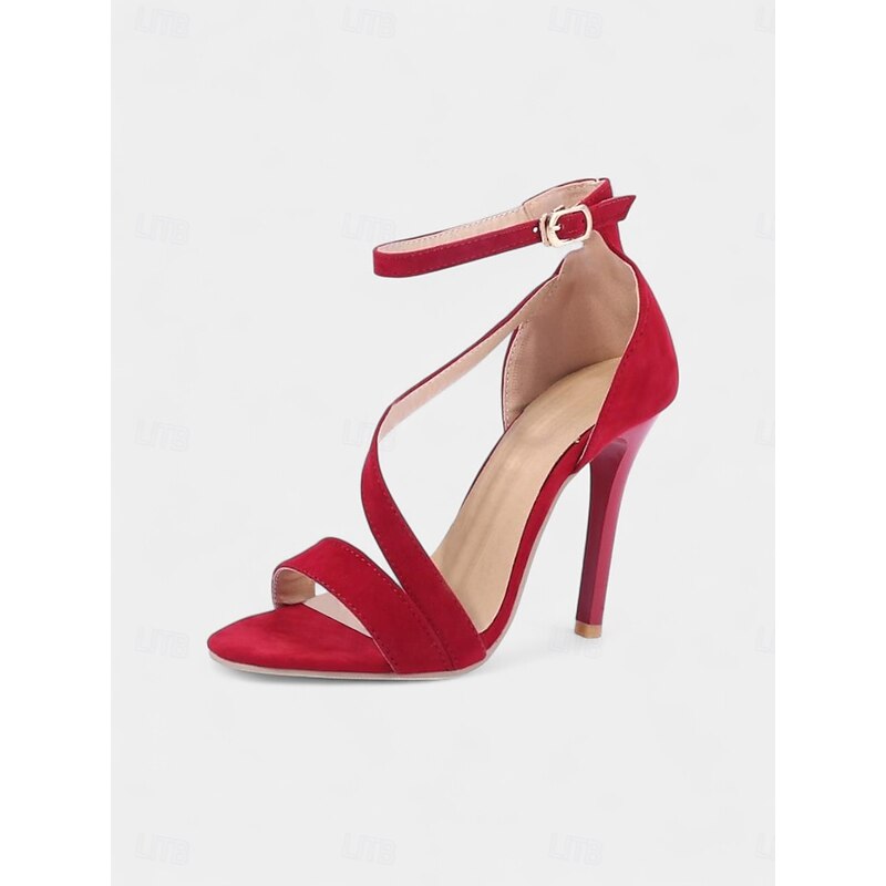 Women's Red Suede Stiletto Sandals - Strappy Open-Toe High Heels with Ankle Strap for Nightlife Parties and Club Events3