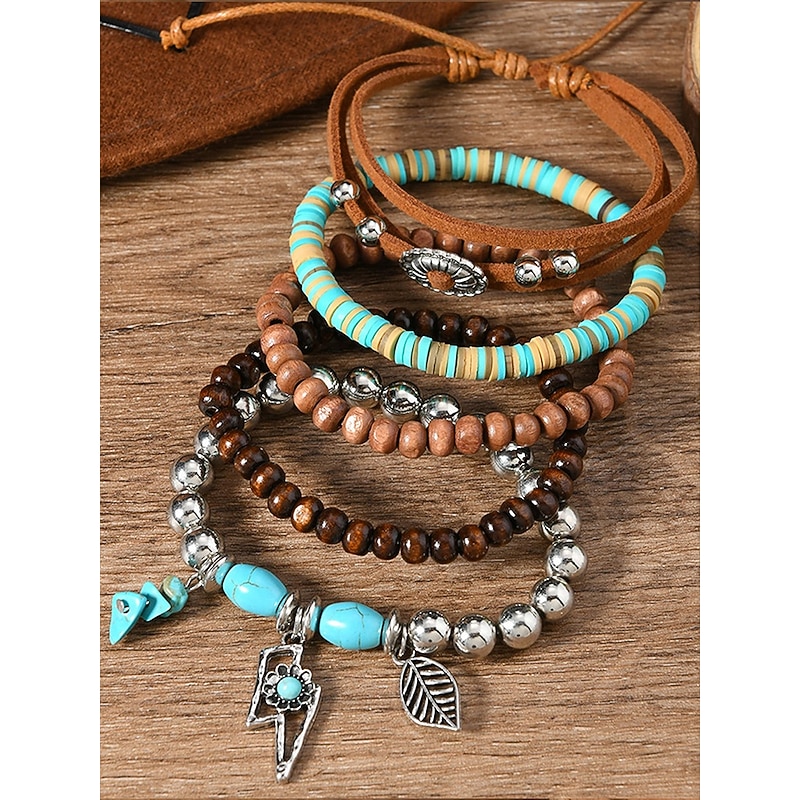 Women's Boho Beaded Layered Charm Bracelet Set – Vintage Style Wooden, Turquoise, and Suede Leather Bracelets with Leaf and Geometric Pendants, Ideal for Casual Wear, Festivals and Beach Vacations4
