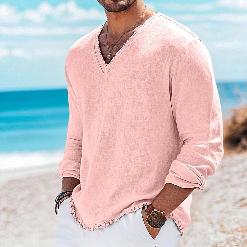 Men's Linen T-Shirt Long Sleeve V Neck Summer Spring Solid Color Vintage Bohemian Casual Raw Edge Vacation Street Casual White Pink Light Blue Top Tee for Men