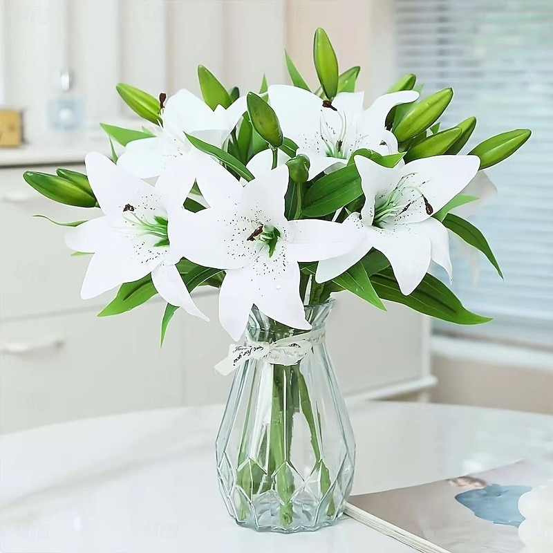 10PCS Artificial White Lily Bouquets, Realistic Plastic Flower Arrangements for Home, Garden, Wedding, and Holiday Decorations, Perfect for Easter, Ramadan, St. Patrick's Day, Mother's Day, Indoor and Outdoor Use2