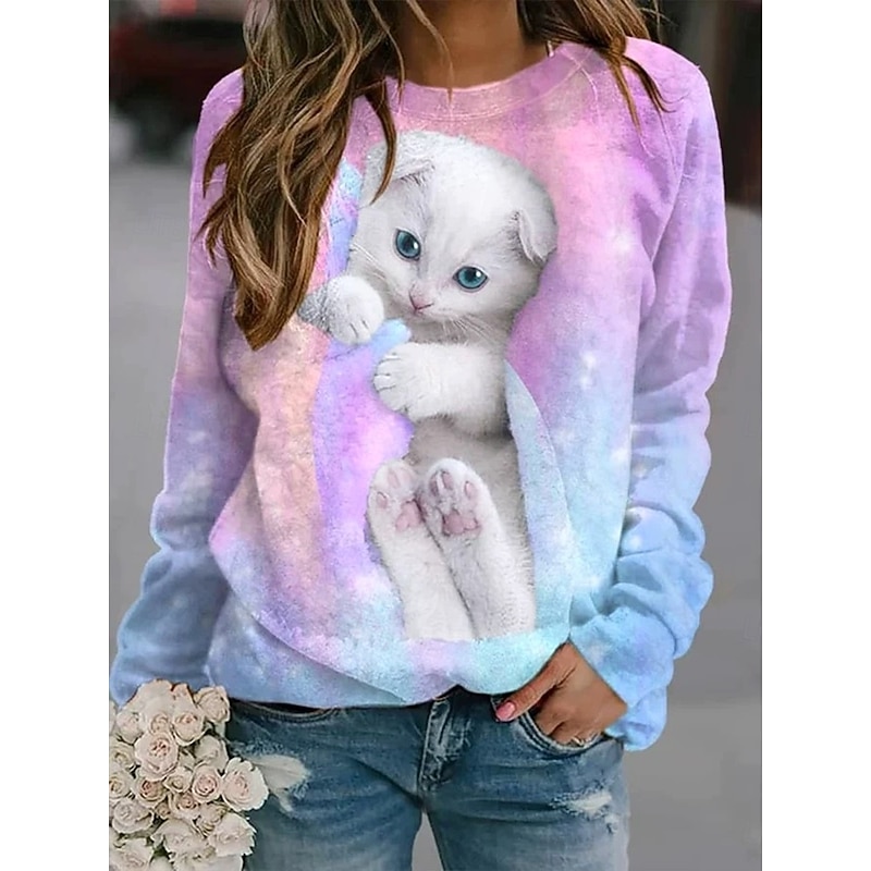 Women's Pullover Sweatshirt Hoodies Graphic Animal Cat Fashion Casual Long Sleeve Crew Neck Regular Tops Street Dailywear Casual Print Light Pink Light Blue Spring Fall Winter