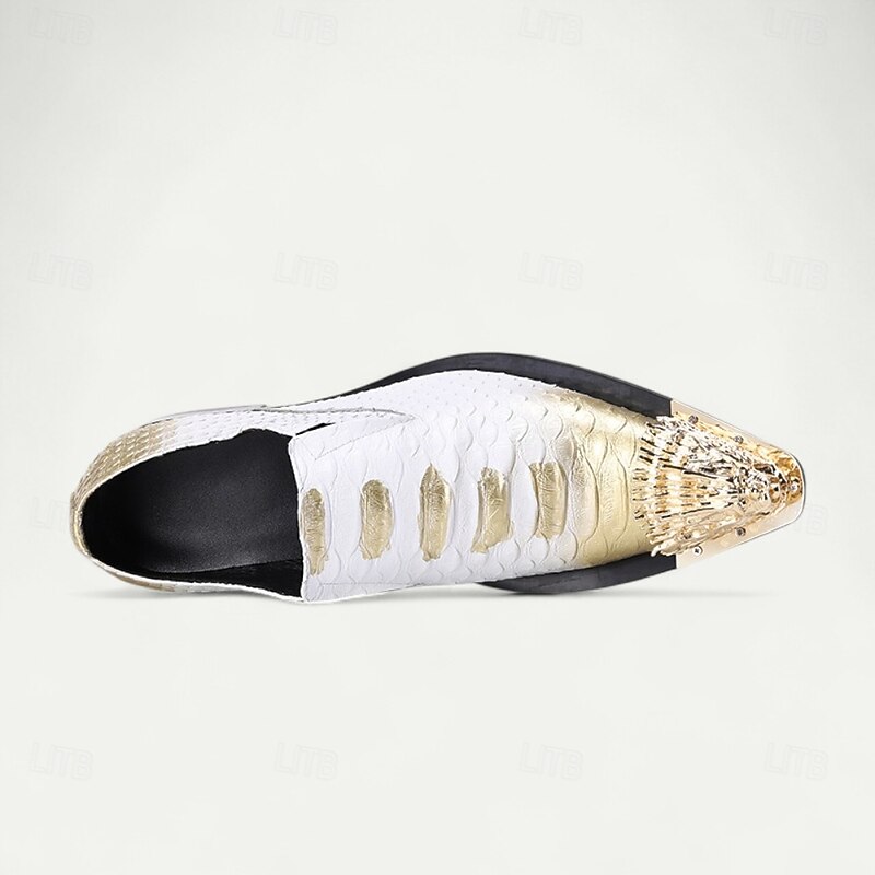 Men's White and Gold Genuine Cowhide Loafers with Studded Metal Toe Modern Punk Style Dress Shoes for Nightlife Parties Stage Performances4