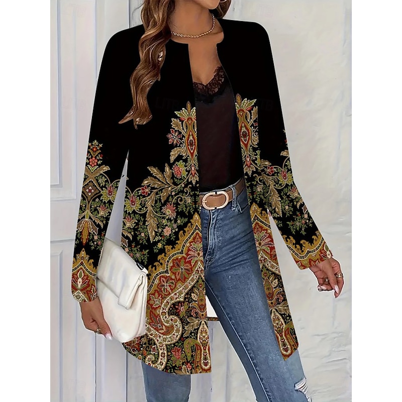 Women's Casual Jacket Comfortable Breathable Pocket Open Front Elegant Vintage Fashion Daily Geometric Vacation Daily Wear Regular Crewneck Long Sleeve With Pocket Loose Fit Long Sleeve Coat2