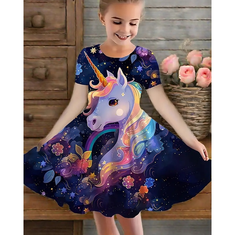 Girls' 3D Unicorn Dress Short Sleeve Summer Spring Vacation Daily Holiday Princess Beautiful Sweet Kids 4-12 Years Casual Dress A Line Dress Knee-length Regular Fit