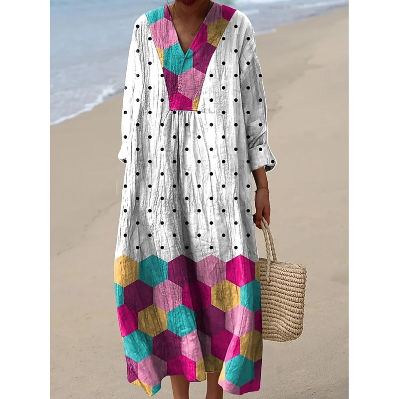 Women's Midi Dress V Neck Long Sleeve Kaftan Lightweight Loose Fit A Line Dress Casual Boho Party Going out Graphic Geometric Long Sleeve V Neck White Blue Orange Fall3