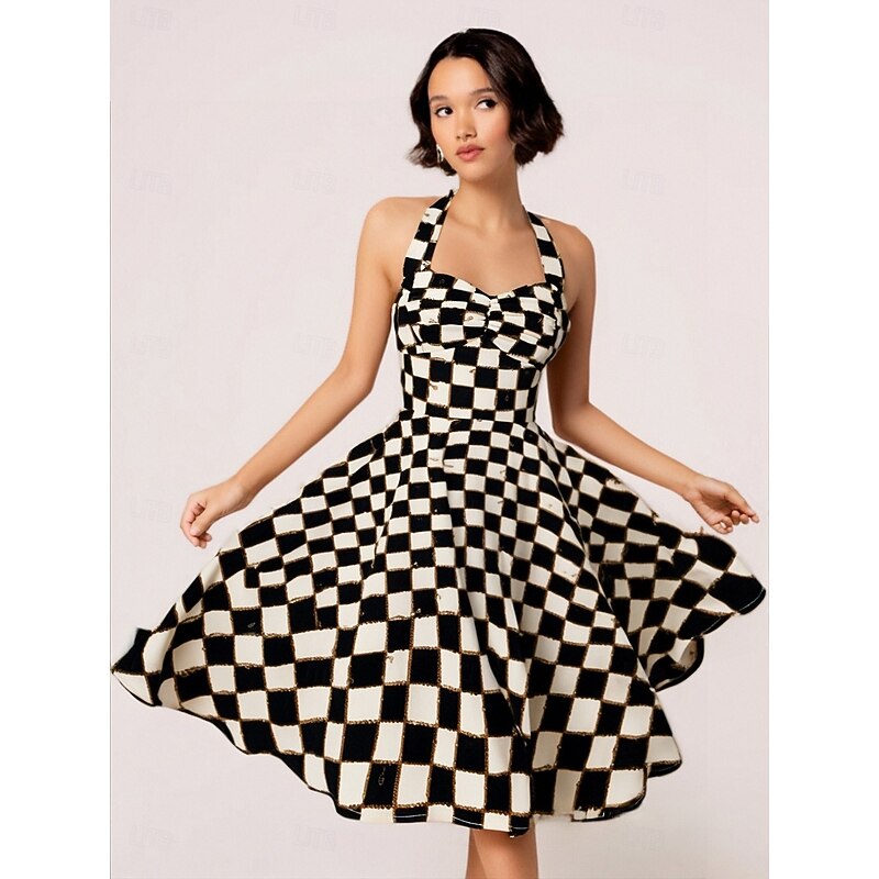 Retro Vintage 1950s Rockabilly Knee Length Swing Dress Flare Dress Halter Floral Plaid A-Line Fancy Dress Women's Carnival Vacation Casual Daily Retro Theme Party Adults' Dress Spring & Summer