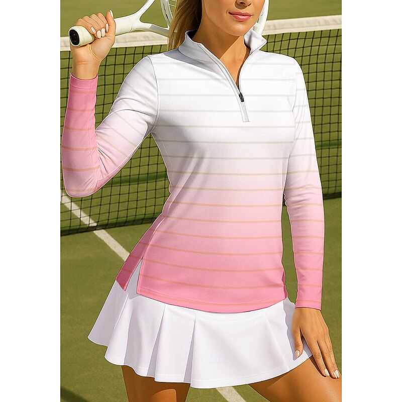 Women's Gradient Stripes Sport Shirt Golf Polo Shirt Tennis Shirt Tennis Top Long Sleeve Zipper Floral UPF50+ UV Resistant High Elasticity Moisture Wicking Breathable Tennis Golf Pickleball Stand