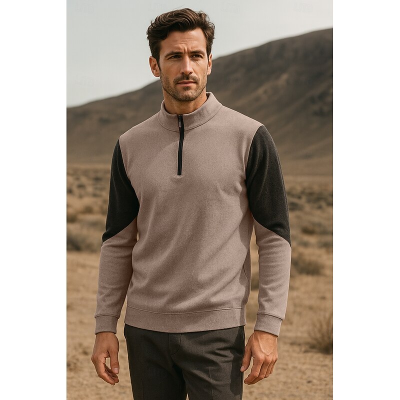 Men's Sweatshirt Long Sleeve High Neck Spring Fall Winter Daily Zip Up Patchwork Outdoor Vacation Home Black Brown khaki Top Tee for Men