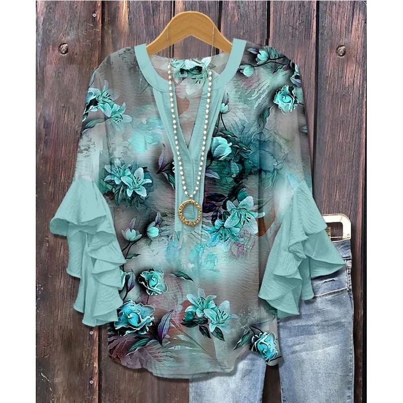 Women's Blouse V Neck Floral Graphic Elegant Bohemia Ethnic 3/4 Length Sleeve Regular Tops Daily Holiday Vacation Wear Ruffle Print Royal Blue Blue Light Purple Khaki Summer Spring Fall4