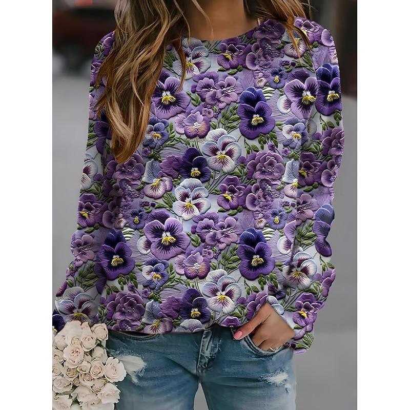 Women's Pullover Sweatshirt Floral Fashion Casual Long Sleeve Crew Neck Regular Tops Home Street Dailywear Print Purple Fuchsia Violet Spring Fall