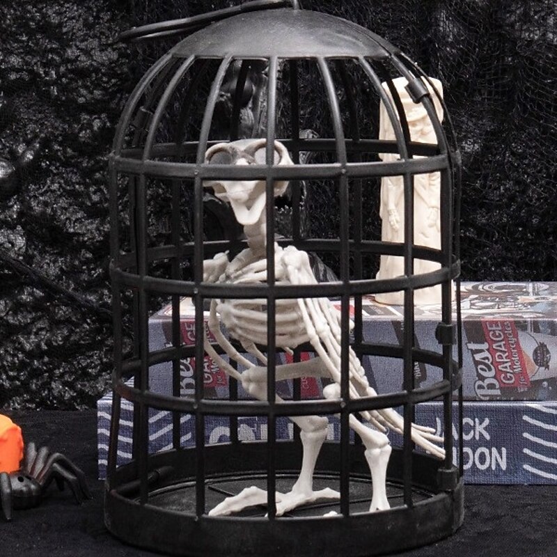Plastic Bird Skeleton in Cage Halloween Decoration2