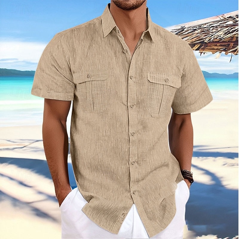 Men's Shirt Linen Shirt Summer Shirt Beach Shirt Solid Color Vacation Daily Black White Navy Blue Blue Short Sleeve Turndown Spring Autumn / Fall Clothing Apparel Button-Down