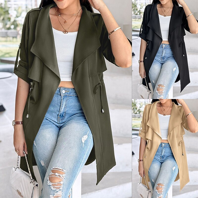 Women's Casual Jacket Comfortable Breathable Pocket Fashion Casual Plain Vacation Street Casual Daily Wear Open Front Regular Turndown Regular Fit Long Sleeve Outerwear Black Khaki Army Green Summer