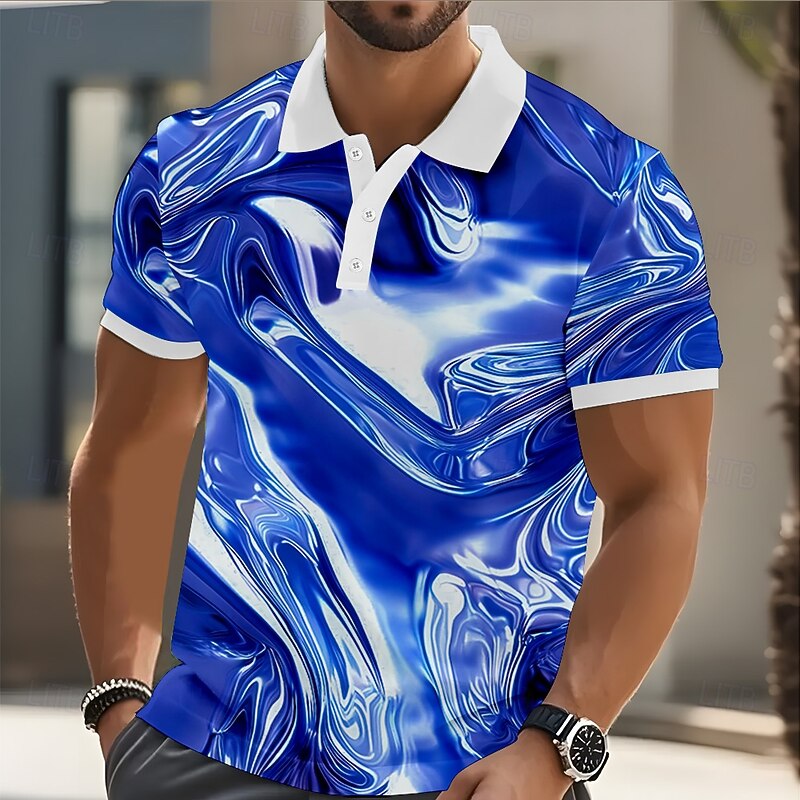 Men's Geometic Marble Polo Short Sleeve Polo Shirts Collared Shirts Casual Athleisure Outdoor clothing Streetwear Buttons Summer Blue Sky Blue Purple2