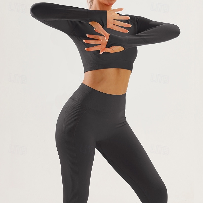 Women's 2 Pieces Yoga Sweatsuit Lounge Outfits  Fall Solid Color Clothing Suit Black Red Gym Workout High Waist Stretchy Breathable Long Sleeve Sport Activewear Slim2