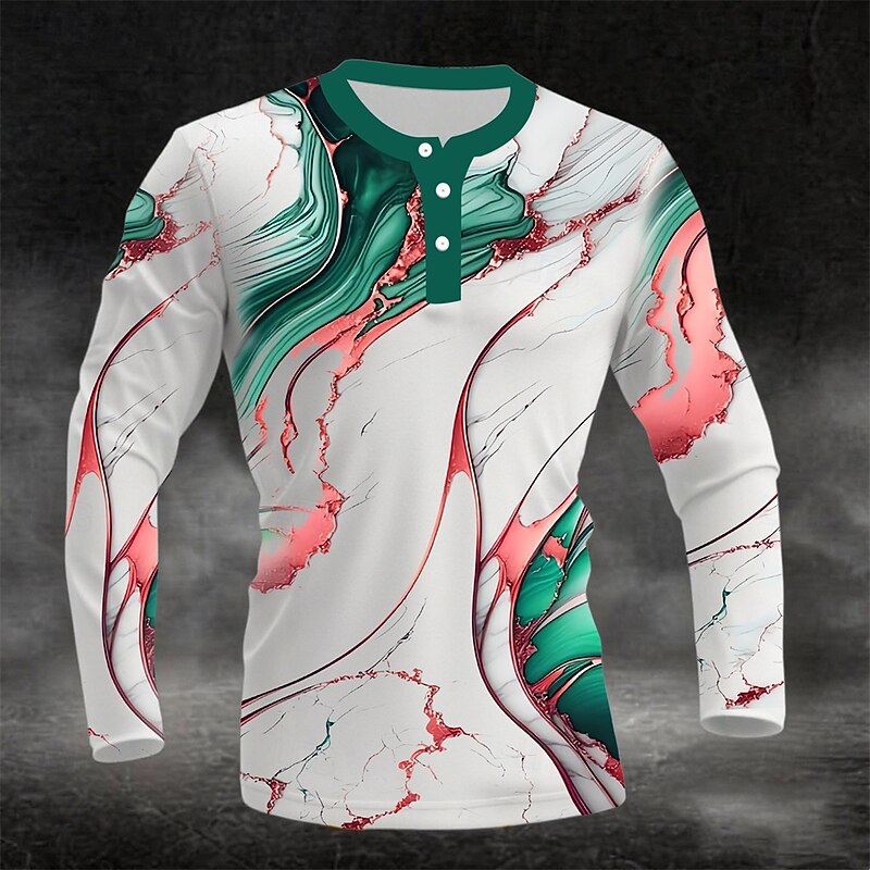 Men's 3D Print Marble Henley Shirt Long Sleeve Fashion Cute Daily Casual Holiday Going out Spring &  Fall All Seasons Black Blue Coffee Green Burgundy Henley Henley T-Shirt3