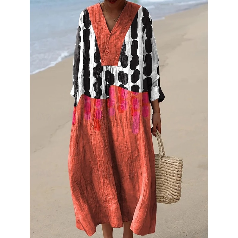 Women's Midi Dress V Neck Long Sleeve Kaftan Lightweight Loose Fit A Line Dress Casual Boho Going out Graphic Geometric Abstract Long Sleeve V Neck Red Blue Green Fall2