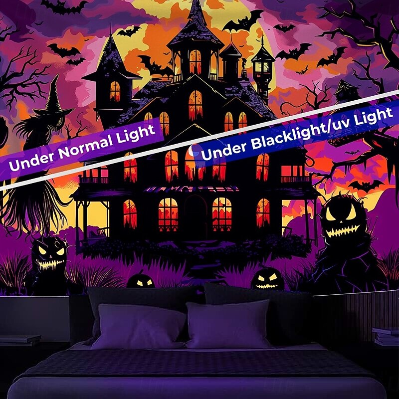Halloween Blacklight Wall Tapestry – UV Reactive Haunted House with Glowing Windows, Neon Colors Spooky Graveyard Scene, Glow in the Dark Gothic Backdrop for 2025 Halloween Party Decoration3