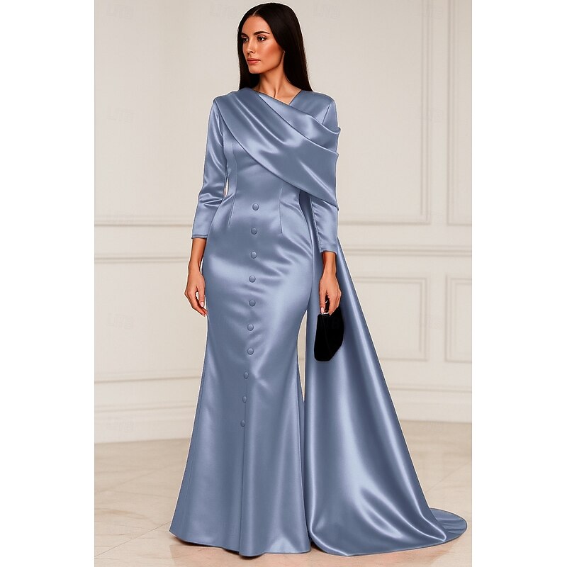 Red Cape Stretch Satin Mermaid / Trumpet Evening Gown Elegant Dress Formal Wedding Floor Length Long Sleeve Queen Anne with Pleats Shawl3
